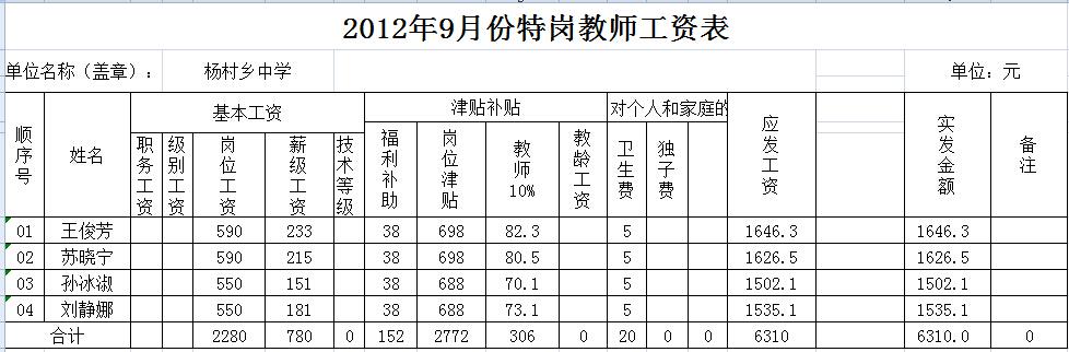 杨村乡特岗教师工资表,文档教程,免费素材下载网站